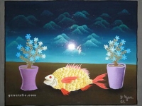 Josip Generalić, 1961, Žuta riba s cvijećem (Yellow fish with flowers), ulje na staklu (oil on glass)