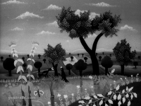 Josip Generalić, 1962, Pejzaž s jezerom (Landscape with a pond), ulje na staklu (oil on glass)