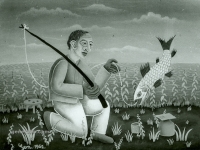 Josip Generalic, 1962, Ribic s velikom ribom (Fisherman with a big fish), ulje na staklu (oil on glass)