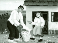 Josip Generalic, 1963, Kupovanje rube (Buying the fish), ulje na staklu (oil on glass)
