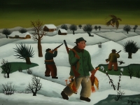 Josip Generalić, 1963, Lovci zimi (Hunters in winter), ulje na staklu (oil on glass), 30×42 cm