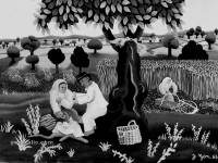 Josip Generalić, 1963, Odmor i objed (Resting and eating), Josip Generalić, 1963, Lovci zimi (Hunters in winter), ulje na staklu (oil on glass), 30×42 cm