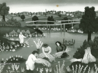 Josip Generalic, 1964, Skupljanje trske (Gathering the reed), ulje na staklu (oil on glass)