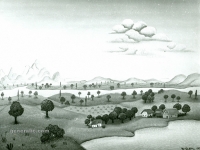 Josip Generalić, 1965, Pejzaž s kućama (Landscape with houses), ulje na platnu (oil on canvas)