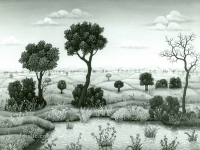 Josip Generalić, 1966, Pejzaž s jezerom (Landscape with a pond), ulje na platnu (oil on canvas)