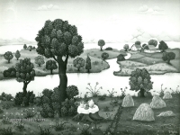 Josip Generalić, 1966, Pejzaž s piknikom (Landscape with picnic food), ulje na platnu (oil on canvas)