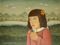 Josip Generalić, 1967, Djevojčica s cvijećem (Girl with flowers), ulje na platnu (oil on canvas), 49×53 cm (restaurirana)