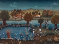Josip Generalić, 1967, Pejzaž s rijekom i jezercem (Landscape with river and pond), ulje na staklu (oil on glass), 30x41 cm