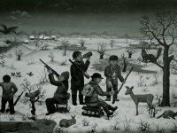 Josip Generalic, 1968, Lovci hrane srnu (Hunters feeding a deer), ulje na platnu (oil on canvas)