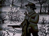 Josip Generalic, 1969, Lovac sa zecom zimi (Hunter with a rabbit in winter), ulje na staklu (oil on glass)