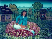 Josip Generalic, 1969, Mirjana zalijeva cvijece (Mirjana is watering the flowers), ulje na staklu (oil on glass)