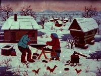 Josip Generalic, 1969, Priprema drva za zimu (Preparing wood for winter), ulje na staklu (oil on glass)