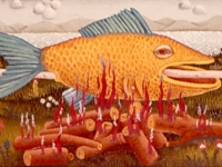 Josip Generalić, 1969, Riba na ražnju (Fish on spit-roast), ulje na platnu (oil on canvas)