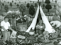 Josip Generalić, 1969, Romsko naselje sa šatorom (Gypsy camp with a tent), ulje na staklu (oil on glass)