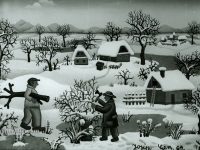 Josip Generalic, 1969, Sjeca granja zimi (Cutting wood in winter), ulje na staklu (oil on glass)