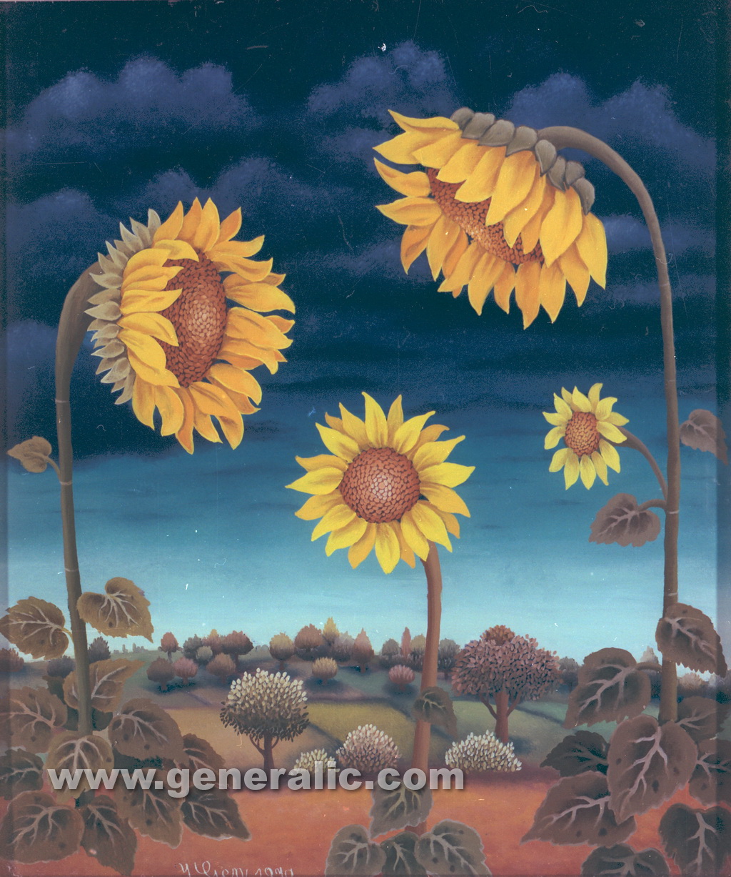 Ivan Generalic, 1970, Sunflowers, oil on glass
