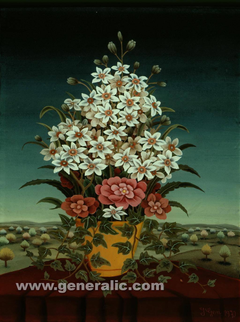Ivan Generalic, 1970, White and red flowers on a table, oil on glass