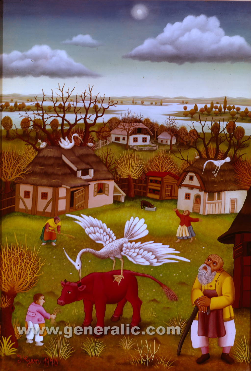 Ivan Generalic, 1970, White bird on red bull, oil on glass