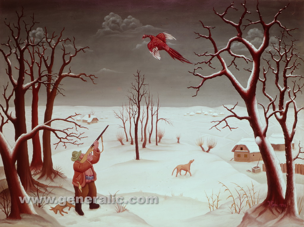 Ivan Generalic, 1971, Hunter with red bird, oil on glass