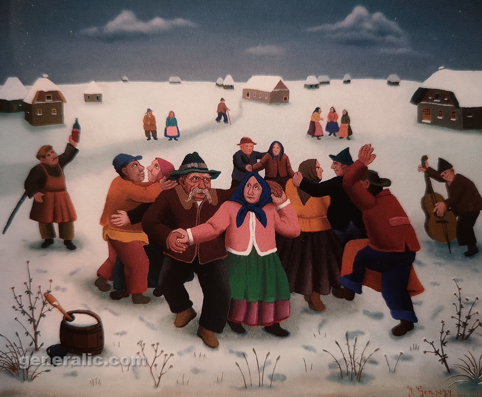 Ivan Generalic, 1974, Dance in village, oil on glass, 58x68 cm