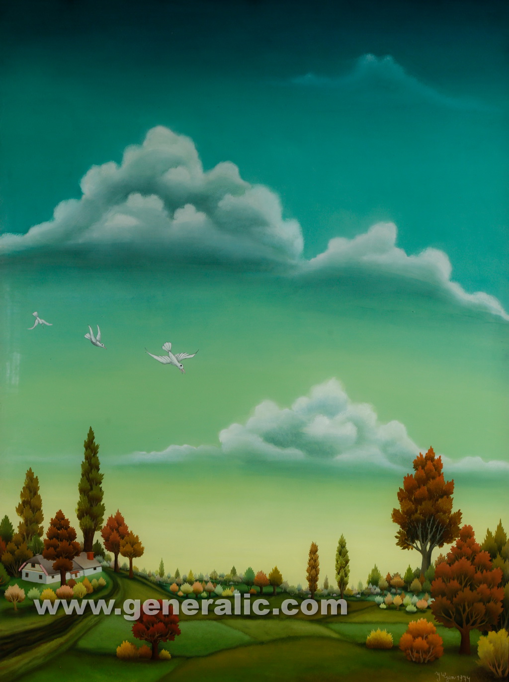 Ivan Generalic, 1974, Low landscape, oil on glass, 97x73 cm