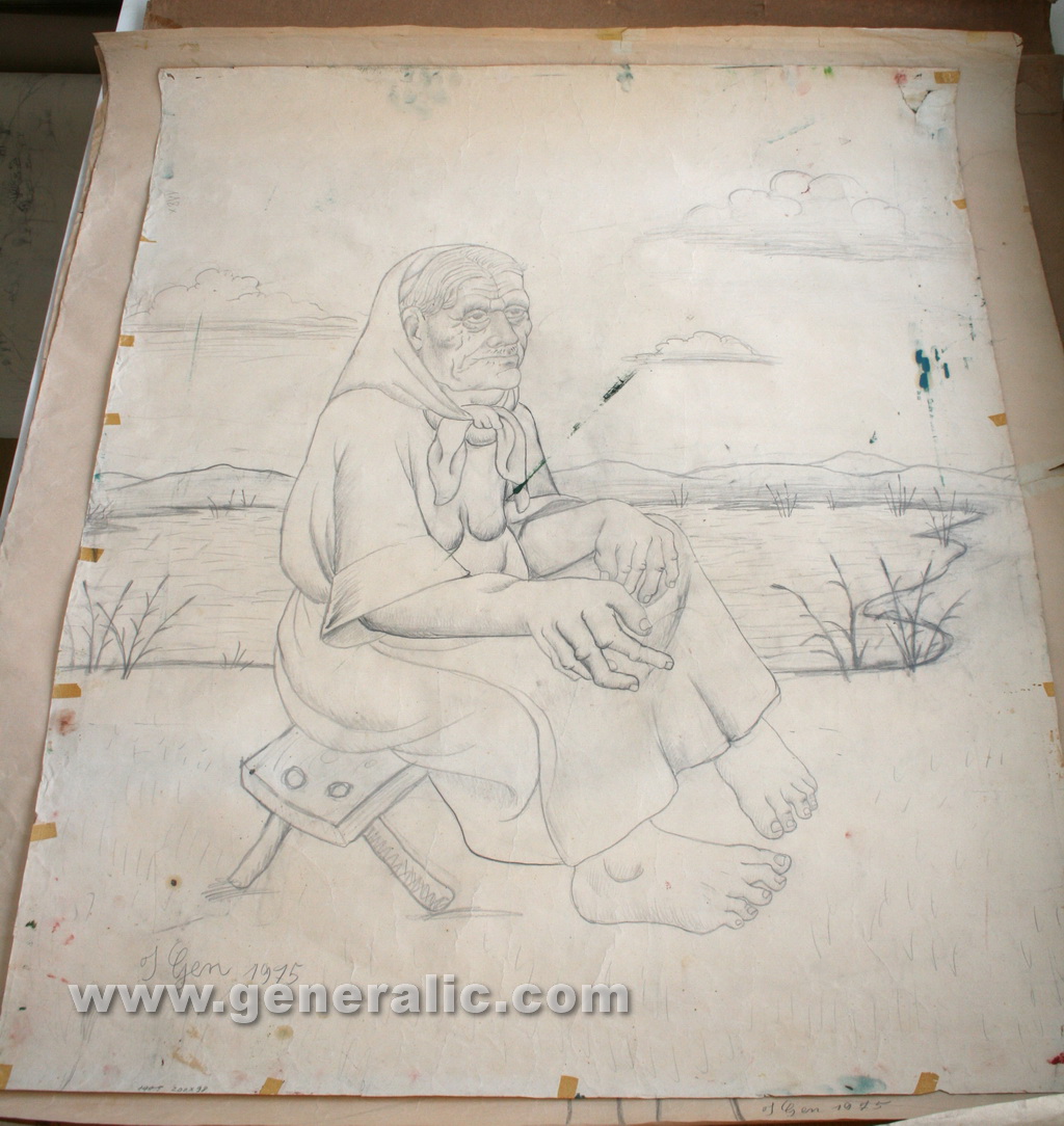 Ivan Generalic, 1974, Old Gipsy woman, drawing, 120x97 cm