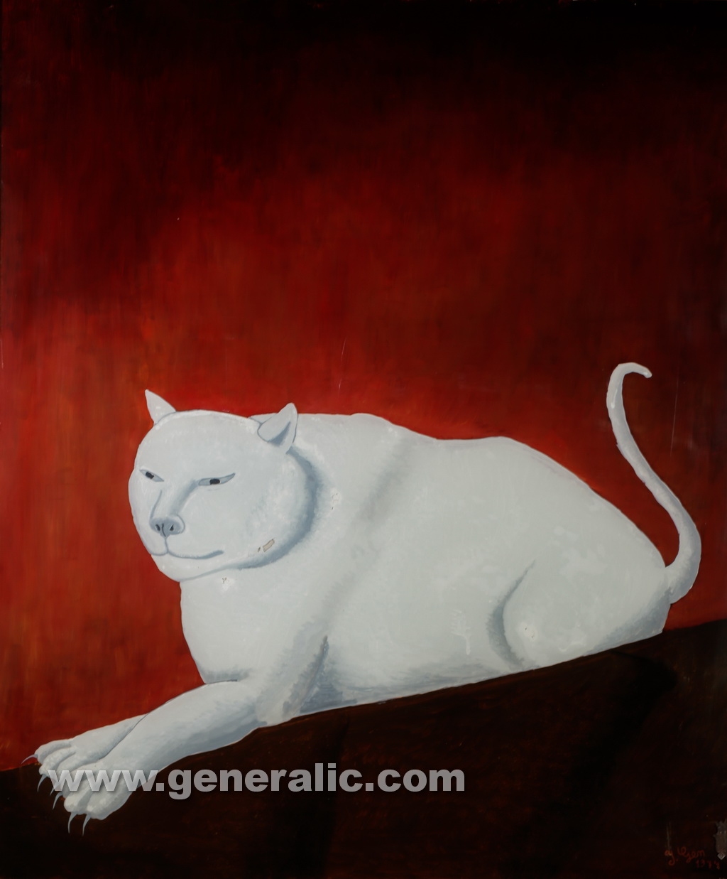 Ivan Generalic, 1974, White cat, oil on glass, 90x75 cm