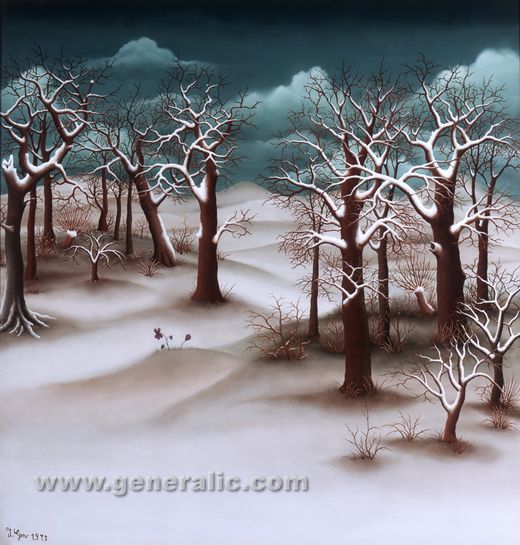 Ivan Generalic, 1975, Forest during winter ORI, oil on glass
