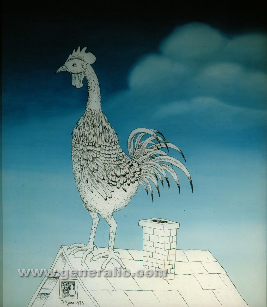 Ivan Generalic, 1975, White rooster, oil on glass