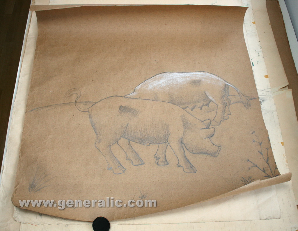 Ivan Generalic, 1976, Two pigs, drawing, 100x94 cm