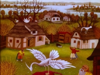 Ivan Generalic, 1970, Bijela ptica i bok (White bird and a red bull), ulje na staklu (oil on glass)