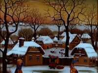 Ivan Generalić, 1970, Žene peru odjeću (Women washing clothes), ulje na staklu (oil on glass)