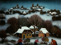 Ivan Generalić, 1971, Čišćenje snijega (Removing the snow), ulje na staklu (oil on glass)
