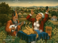 Ivan Generalic, 1971, Rucak u vinogradu (Lunch in vineyard), ulje na staklu (oil on glass)