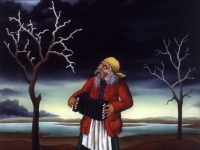 Ivan Generalic, 1971, Slijepac svira (Blind man playing), ulje na staklu (oil on glass)