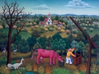 Ivan Generalic, 1972, Crvena krava pije vodu (Red cow drinking water), ulje na staklu (oil on glass)