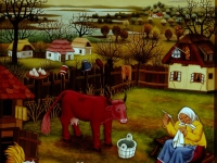 Ivan Generalić, 1972, Žena šiva (Woman is sawing), ulje na staklu (oil on glass)