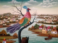 Ivan Generalic, 1973, Paun na drvetu (Peacock on a tree), ulje na staklu (oil on glass)