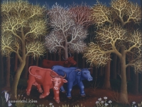 Ivan Generalić, 1973, Tri krave u šumi (Three cows in the woods), ulje na staklu (oil on glass)