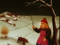 Ivan Generalic, 1974, Djevojcica sa svinjama (Little girl with pigs), ulje na staklu (oil on glass)