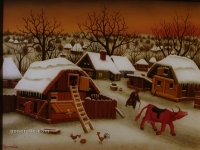 Ivan Generalic, 1974, Krava u selu (Cow in a village), ulje na staklu (oil on glass)