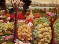 Ivan Generalić, 1974, Požar u selu (Burning village), ulje na staklu (oil on glass)