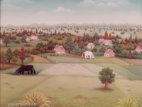 Ivan Generalić, 1975, Pejzaž s crnom kravom (Landscape with black cow), ulje na staklu (oil on glass)