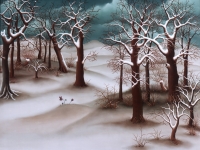 Ivan Generalić, 1975, Šuma zimi (Forest during winter), ulje na staklu (oil on glass)