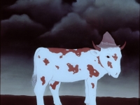 Ivan Generalić, 1975, Tele sa šeširom (Calf with a hat), ulje na staklu (oil on glass)