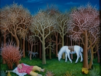 Ivan Generalić, 1976, Odmor u šumi (Resting in forest), ulje na staklu (oil on glass)