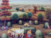 Ivan Generalic, 1977, Skupljanje sijena (Grass gathering), ulje na staklu (oil on glass), 50x50 cm