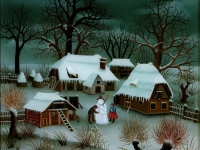 Ivan Generalic, 1979, Izrada snjegovica (Making a snowman), ulje na staklu (oil on glass)