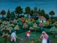Ivan Generalic, 1979, Skupljanje trave (Gathering the grass), ulje na staklu (oil on glass)
