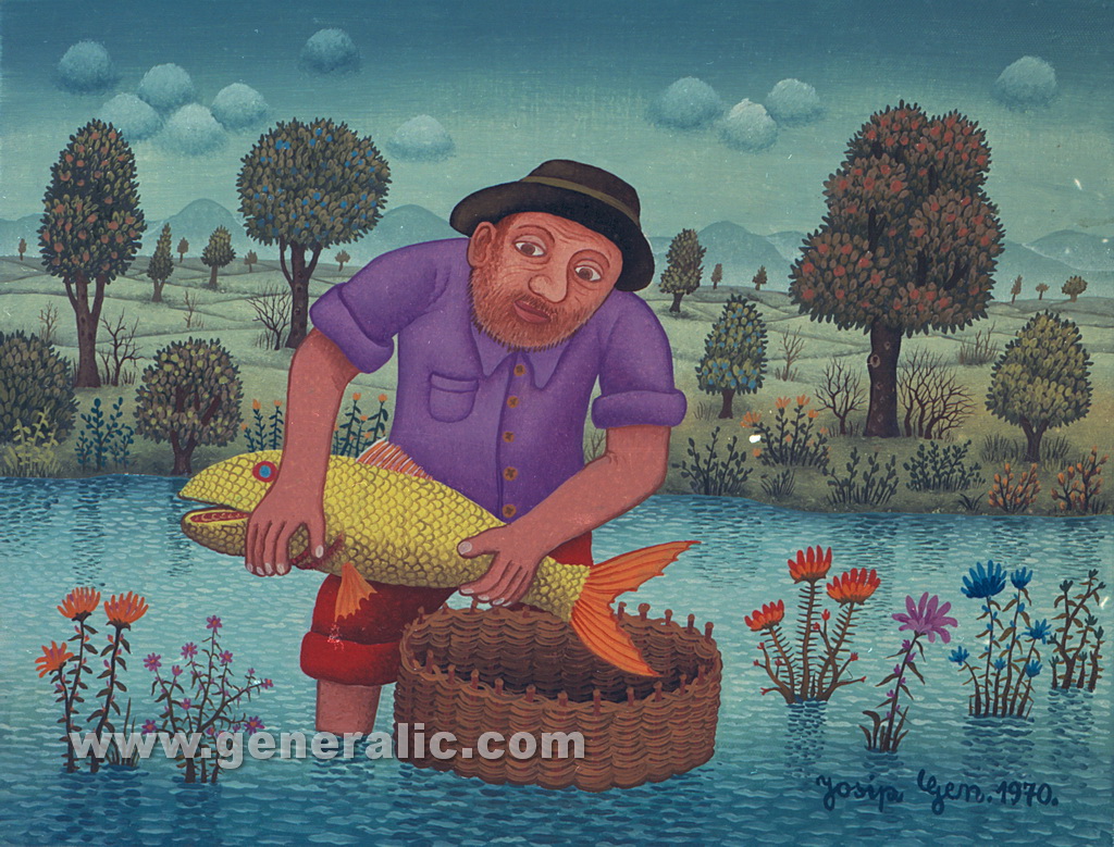 Josip Generalic, 1970, Fisherman with big yellow fish, oil on canvas